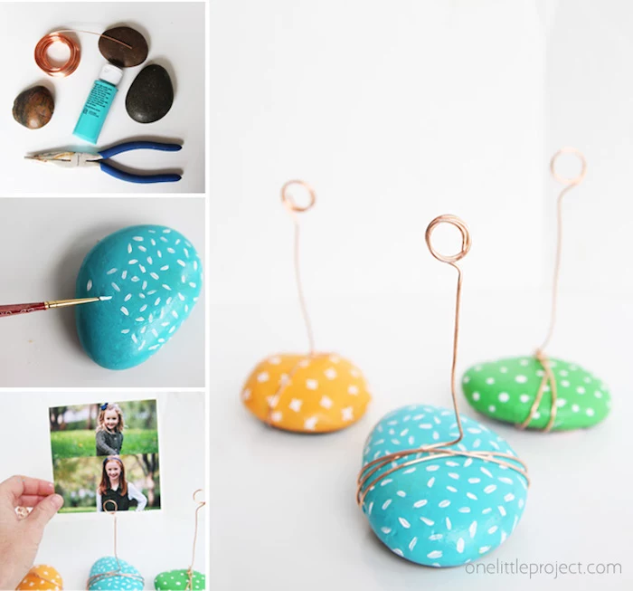 rocks painted in blue green and yellow, wire around it, diy christmas gifts for boyfriend, photo holder step by step diy tutorial