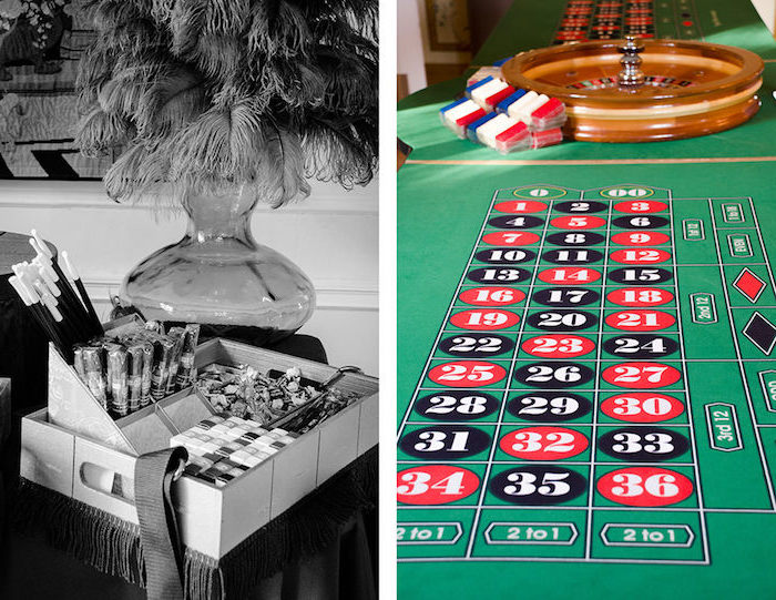 box containing vintage cigars, cigarettes and other items, placed near a clear vase, containing ostrich feathers, next image shows a roulette