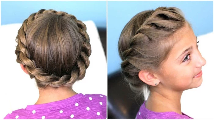 crown-like round braid, on a brunette girl's head, little girl haircuts, seen from two angles