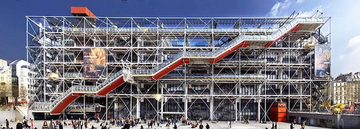 external staircase in red and white, attached to a large rectangular building, with a scaffolding-like structure, postmodernism characteristics, surrounded by lots of people