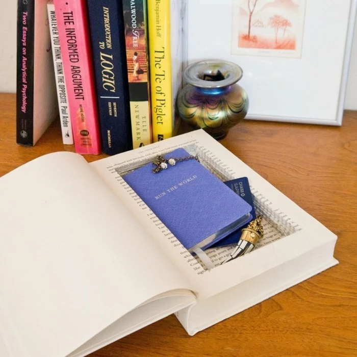 book with a secret compartment, containing various small items, inexpensive thank you gift ideas, placed on a desk, near other books