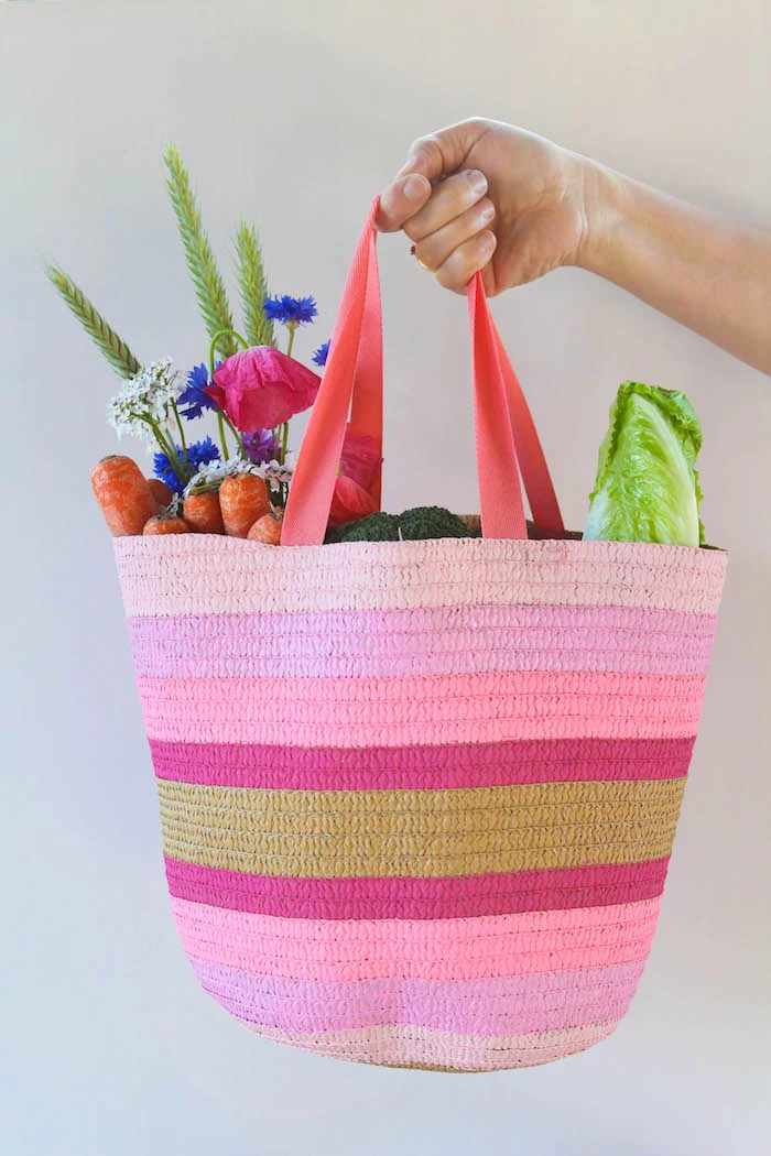 tote bag painted in shades of pink and gold, diy christmas gifts for boyfriend, full of different vegetables and flowers