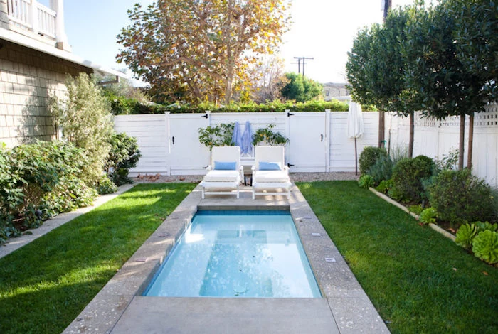 concrete surrounding a small rectangular pool, in a yard with green grass, trees and shrubs, and two sun beds