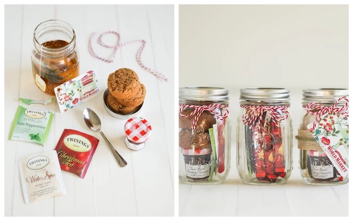 side by side photos, deconstructed tea inside mason jars, with red and white ribbons, homemade christmas gift ideas