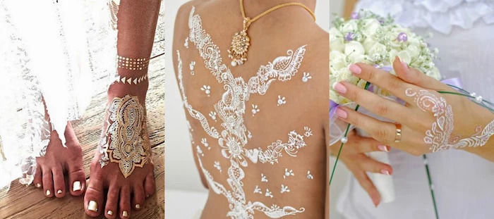 wedding temporary tattoos in white, on a woman's feet, back and hands, henna meaning, white dress and jewelry