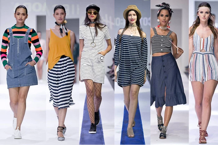 vertical and horisontal stripes, multicolored and black and white, on five 90s inspired looks, denim pinafore and midi skirts, mini dresses and a playsuit