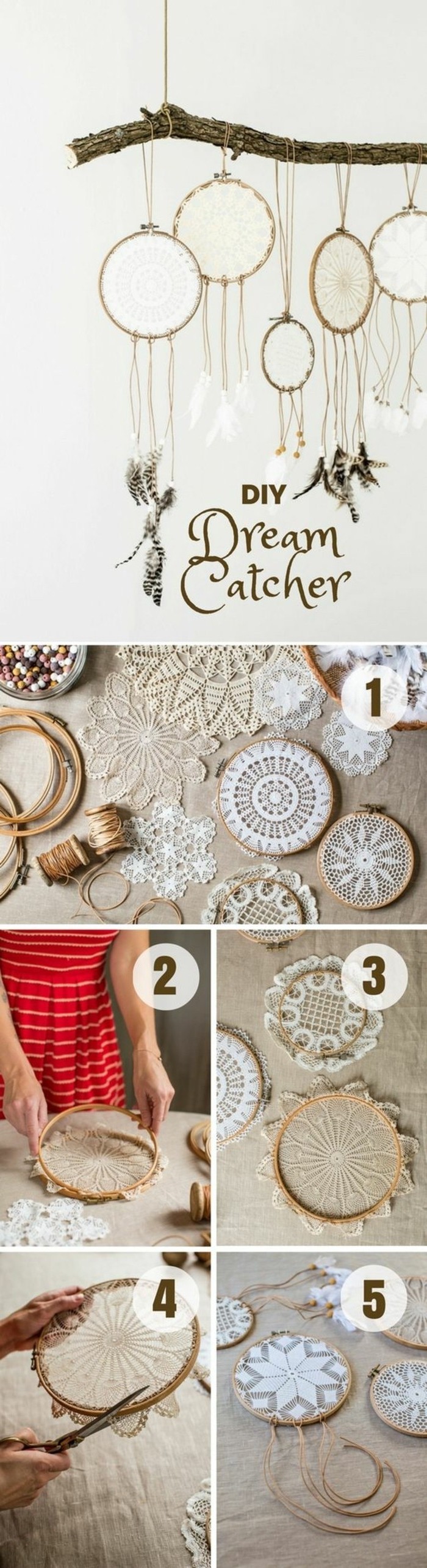 making a diy dreamcatcher, using crochet doilies, explained in five steps, picture of necessary materials and processes, and an image of the end results