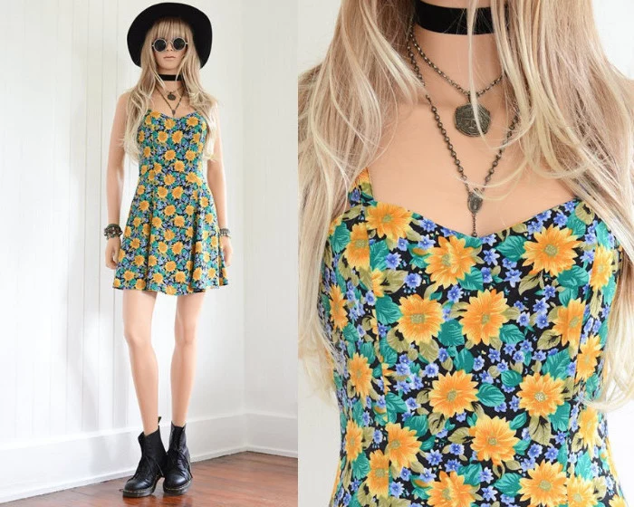 mini dress with floral print, worn with black combat boots, and a large hat, 90s clothes womens, young blonde woman, with cocker and two necklaces
