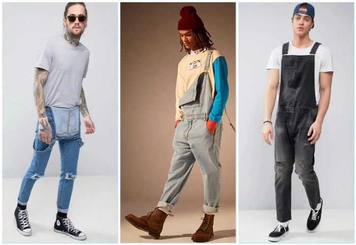 unbuttoned and buttoned denim overalls, in medium blue, pale blue and grey, 90s clothes mens, worn by three young men