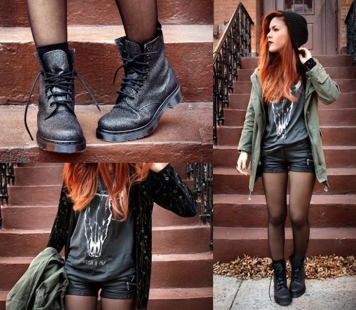 utility jacket in khaki green, worn by red-haired young woman, in black leather shorts, 90s aesthetic, sparkly black dr. marten boots, grey and white t-shirt