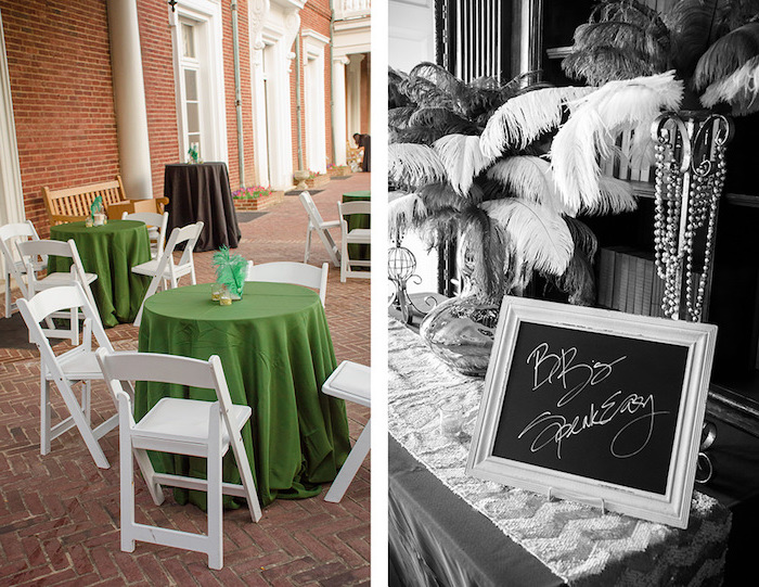 fold-up garden chairs in white, near several round tables, with green tablecloths, next image is black and white, and shows ostrich feather decorations, and a small sign