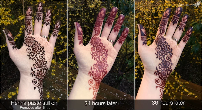 three images showing the stages of the henna tattoo, dark freshly made, cute henna, red after one day, and dark brown after a day and a half