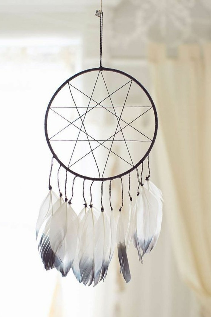 minimalistic dreamcatcher designs, star-like web motif, decorated with white feathers, with pale grey tips