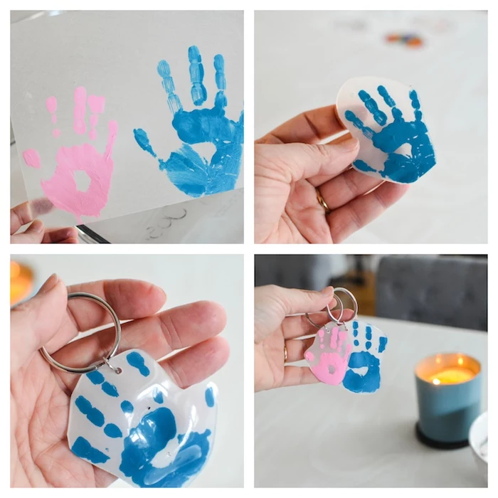 keychain with handprints in blue and pink, thoughtful christmas gifts, photo collage of step by step diy tutorial
