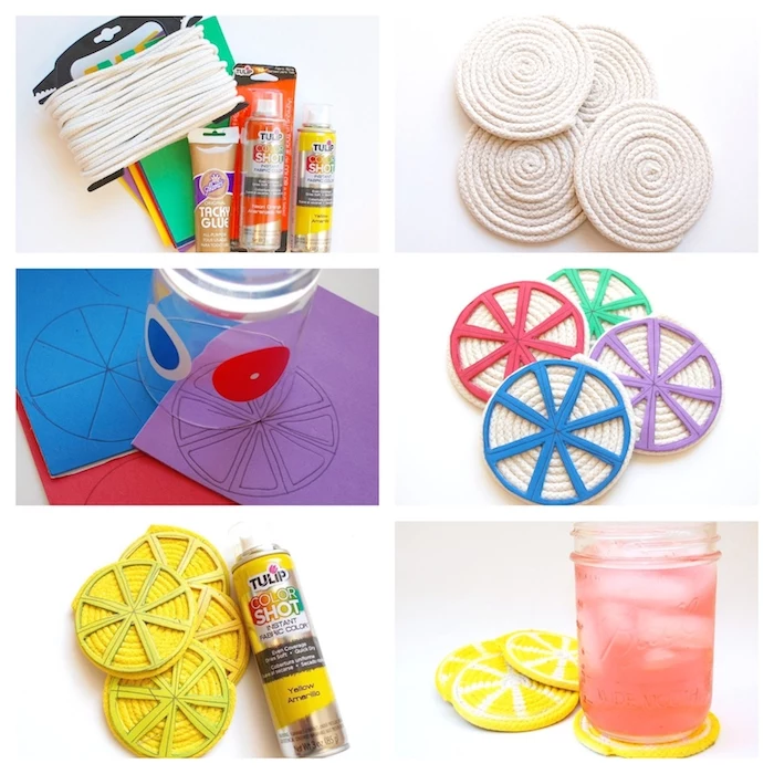 photo collage of step by step diy tutorial, thoughtful christmas gifts, how to make coasters looking like lemon slices