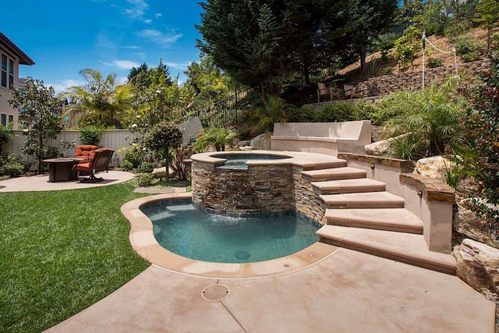 well-like pool, lined with stone tiles, built above a slightly larger pool, and accessible via stone steps, small inground pools, garden and house nearby