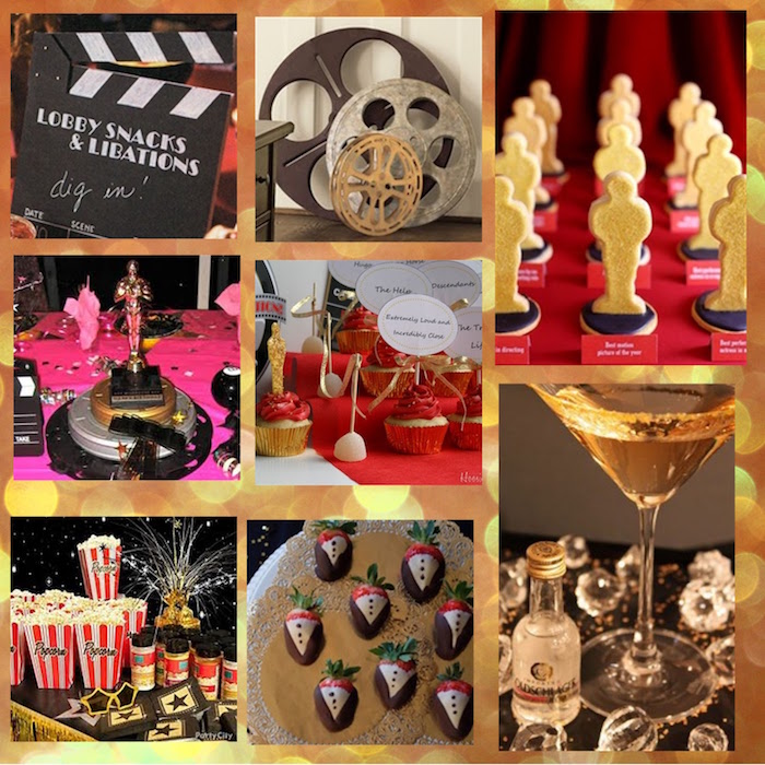 clapperboard and vintage film reels, cookies shaped like oscar statuettes, cocktails and strawberries in chocolate tuxedos, 60th birthday decorations, popcorn and cupcakes
