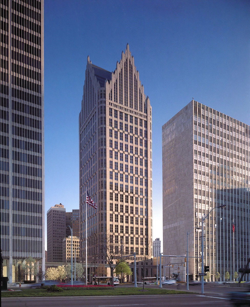 rectangular skyscraper with lots of windows, featuring gothic-inspired spires at the top, postmodern buildings, ally detroit center 