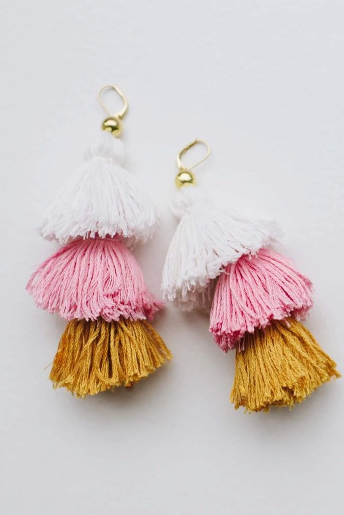three tassels earrings in white pink and orange, best friend gifts diy, white background