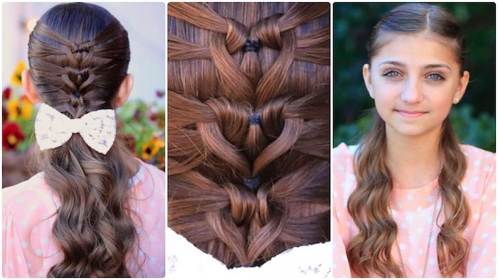 complex heart-shaped plaids, on the dark brunette hair, of a teen girl, with a white bow, seen from two different angles, and in close up