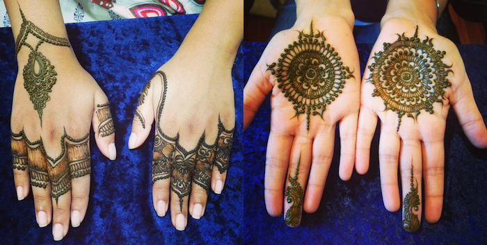 mandalas drawn with henna, decorating the palms of two hands, next image shows the other side of the same hands, also decorated with mehndi