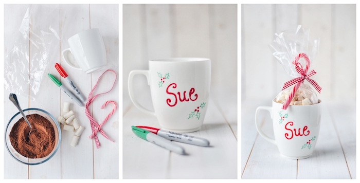 deconstructed hot chocolate, inside a personalised white mug, homemade christmas gift ideas, placed on white wooden table