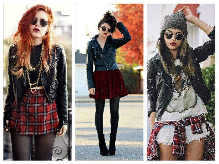 tartan mini skirt, with black cropped top, red velvet mini skirt, pale denim cutoff shorts, on three women, with black leather jackets