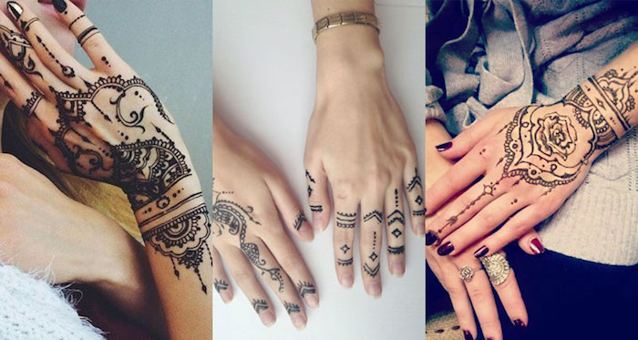 examples of different mehndi, large and small henna tattoo, featuring finger details, flowers and muslim motifs