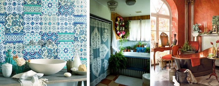 collage with three images, depicting different diy bathroom décor, flowers and rustic items, patterned fabrics and indoor plants, vintage furniture and decorations
