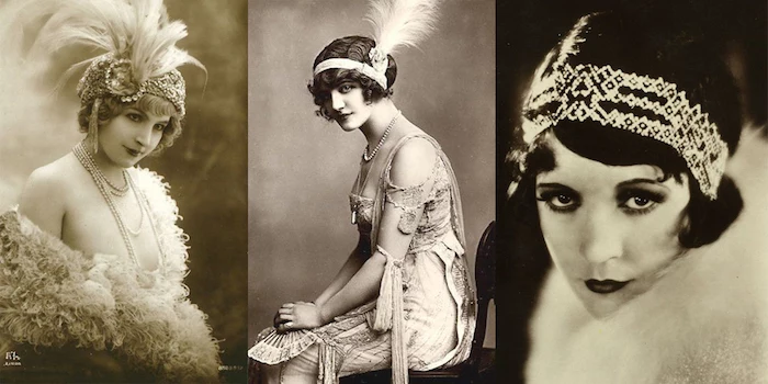 authentic vintage images, in black and white, of three women, dressed in flapper outfits, with large feathers and headbands, roaring 20s dress 