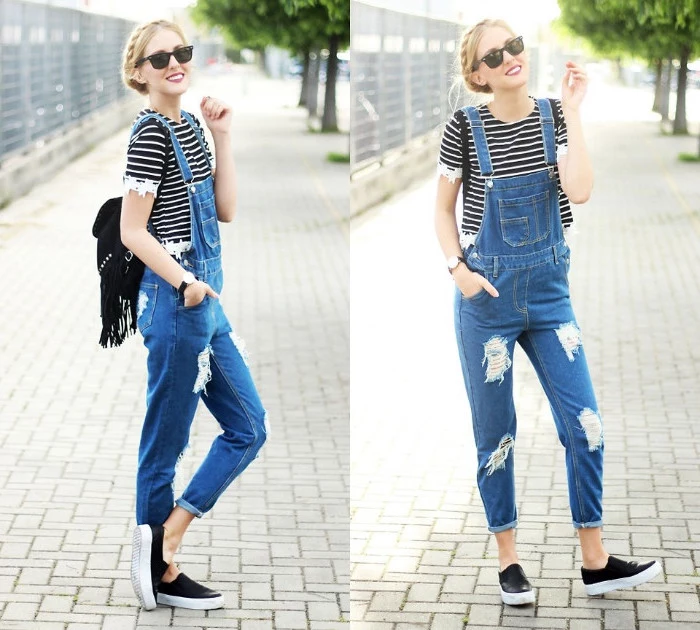 90s overalls, smiling blonde woman, with a crown braid, wearing a striped t-shirt, with lace details, under long ripped denim overalls