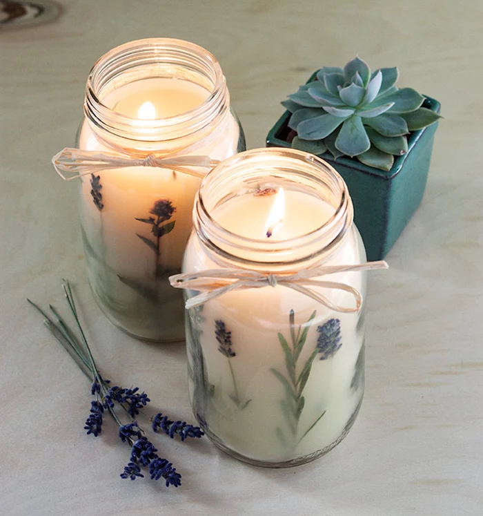 candles with lavender branches inside mason jars, diy birthday gifts, lavender branches on the side, succulent in a pot
