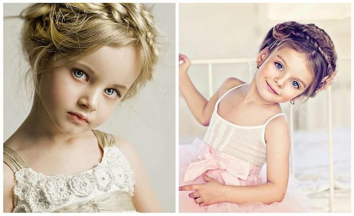 blonde little girl, with a crown braid, wearing a formal dress, cute hairstyles, similar braided do, on a smiling brunette child