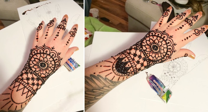 adding the finishing touches of a henna tattoo, two images showing an arm, decorated with mehndi, seen in the final stages of development