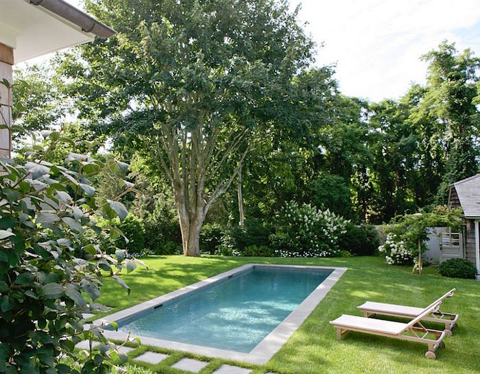 classical rectangular pool, in a garden with green grass, shrubs and a tall tree, with a shed and two sun beds