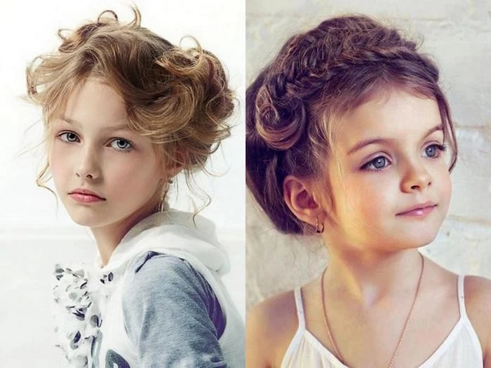wavy fancy up-do, on the dark blonde hair, of a young girl, cute hairstyles, next image shows a younger girl, with brunette hair, braided above her forehead