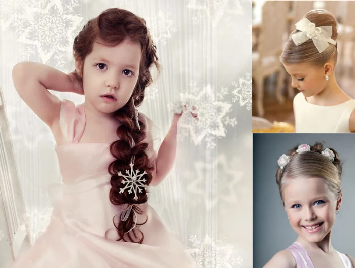 snowflake ornament in white, decorating the long brunette braid, of a little girl with wavy hair, two images of kids, with blonde 1950s-style up-dos