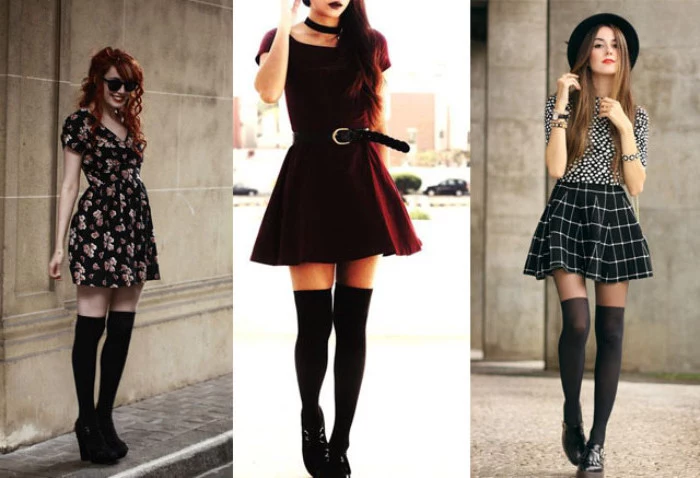 examples of 90s inspired outfits, mini dress with floral pattern, red velvet dress with belt, mini skirt and over-the-knee socks