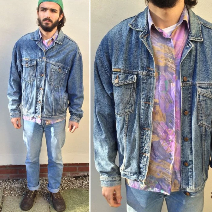 bearded man with green baseball cap, wearing jeans and a vintage denim jacket, 90s party outfits for guys, shirt with pink, purple and yellow splashes of paint