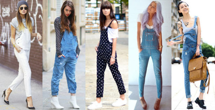 five different kinds of long, 90s overalls, white and blue, baggy and skinny, black with white polka dots