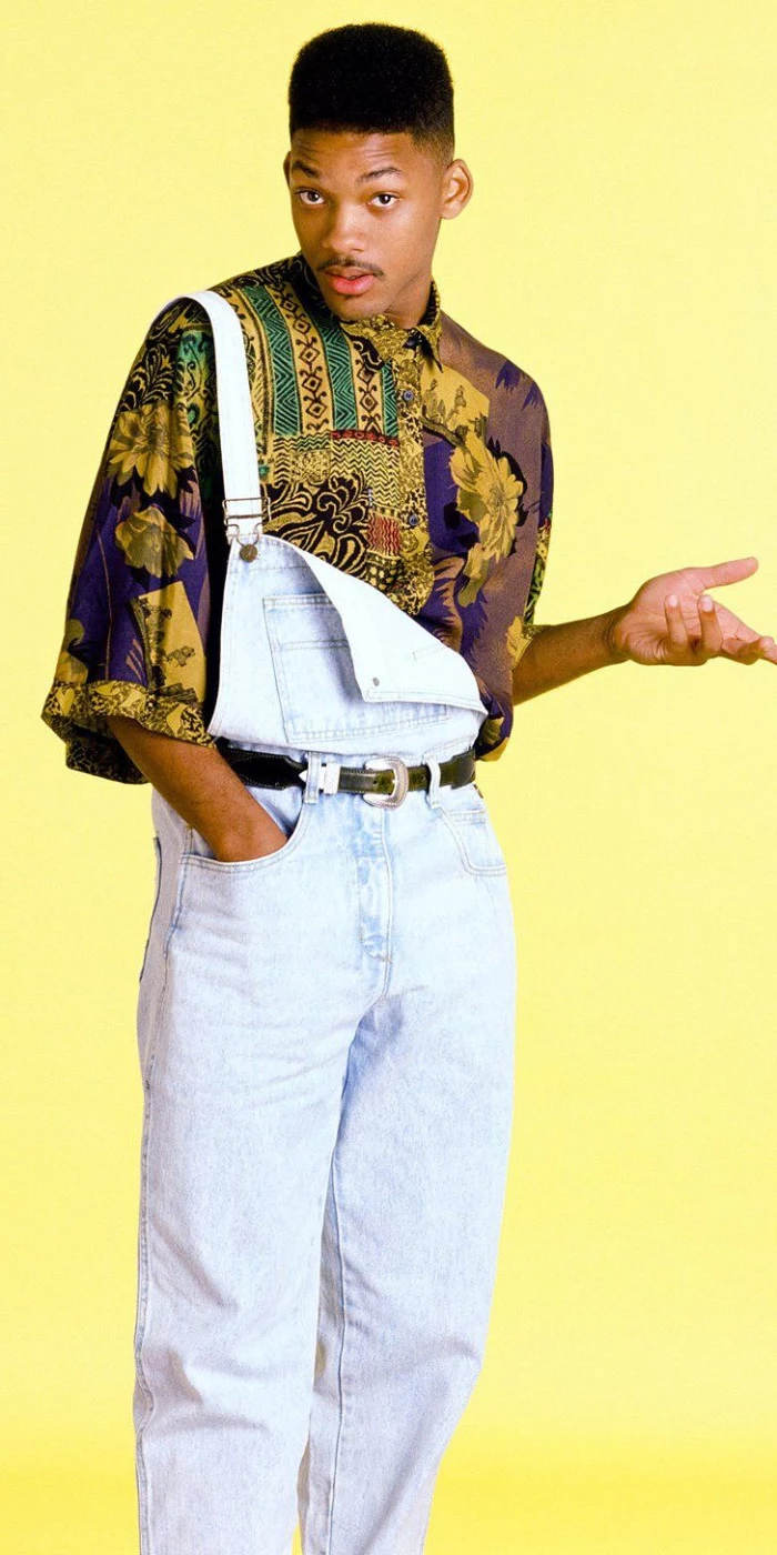 the fresh prince of bel air, will smith dressed in retro clothes, multicolored oversized shirt, and 90s overalls 
