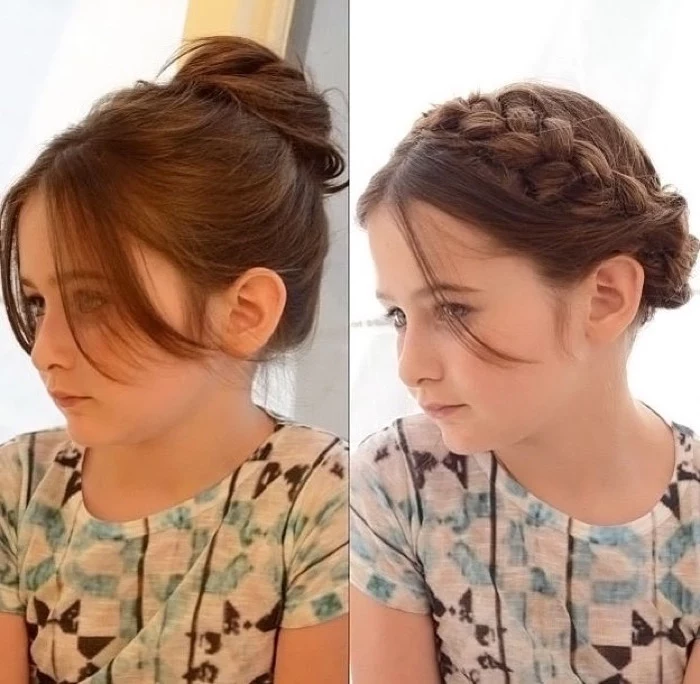 messy bun with long bangs, and a crown braid up-do, worn by the same, dark auburn-haired young girl, seen in two, side by side images