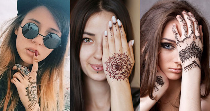 girls showing their henna ahnd tattoos to the camera, dark and light brown, with simple and complex patterns