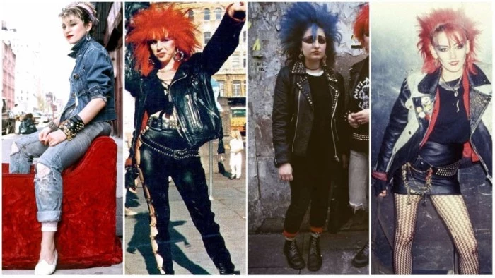 syudded black leather, and distressed denim outfits, worn by young madonna, and three female punk rockers, with spiky red and blue hair, 80s halloween costumes, simple 80s outfit