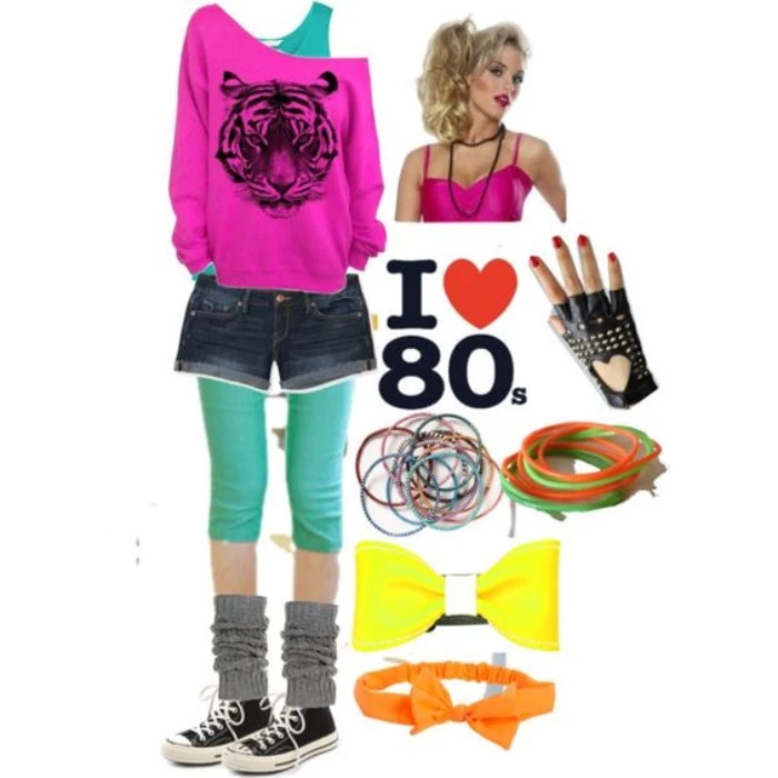 accessories and clothes for a retro party, in neon colors, 80s halloween costumes, pink off-the-shoulder top, with black tiger print, denim shorts and a teal tank top, leg-warmers and sneakers, fingerless leather gloves, and many others