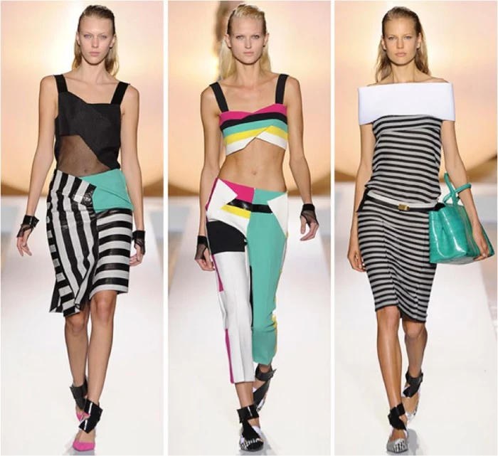modern designer outfits, inspired by 80s fashion, striped midi skirts and dresses, cropped tops and trousers in popping colors