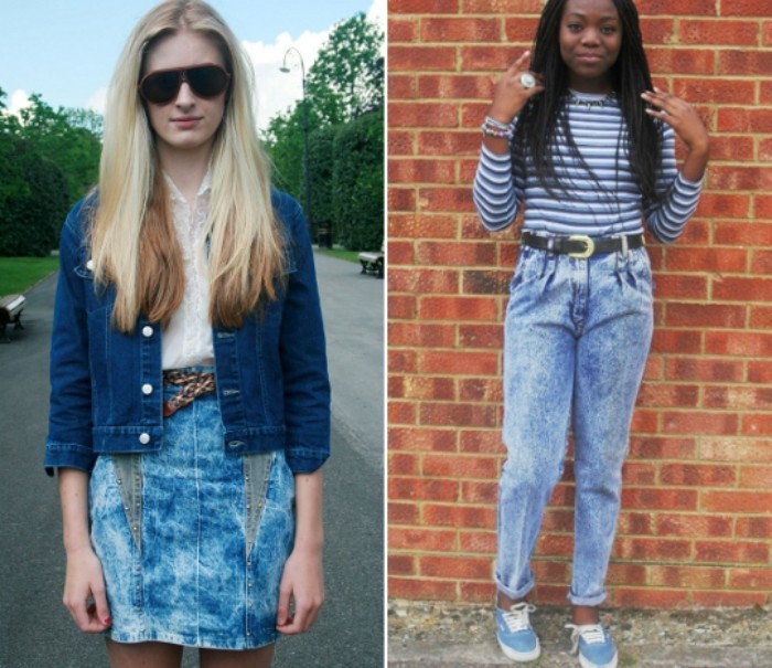 vintage clothing you can wear today, and 80's dress up ideas, acid wash high waisted jeans, with a striped top, and an acid wash denim mini skirt, with a white shirt, and a dark denim jacket, worn by two young women