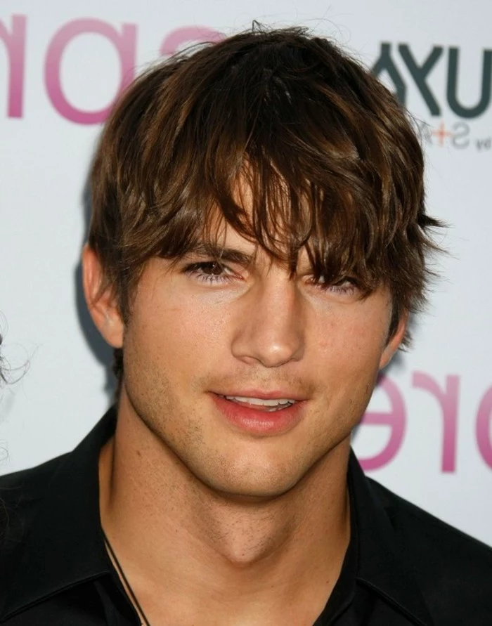 shaggy brown hair, with messy bangs, worn by ashton kutcher, types of haircuts for men, boyish hairstyle