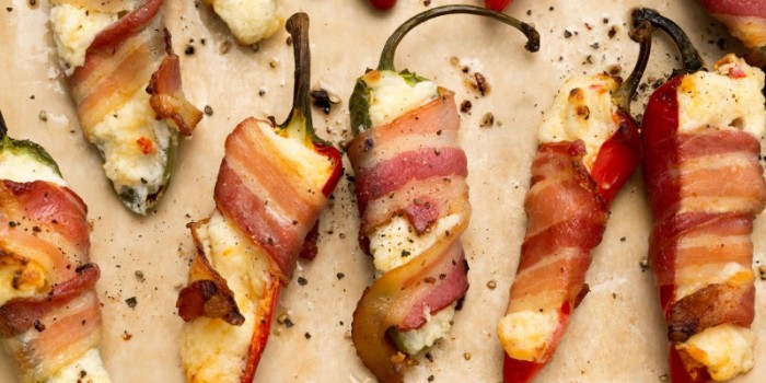 jalapeno peppers cut in half, stuffed with cheese, and wrapped in bacon, then grilled, horderves ideas 