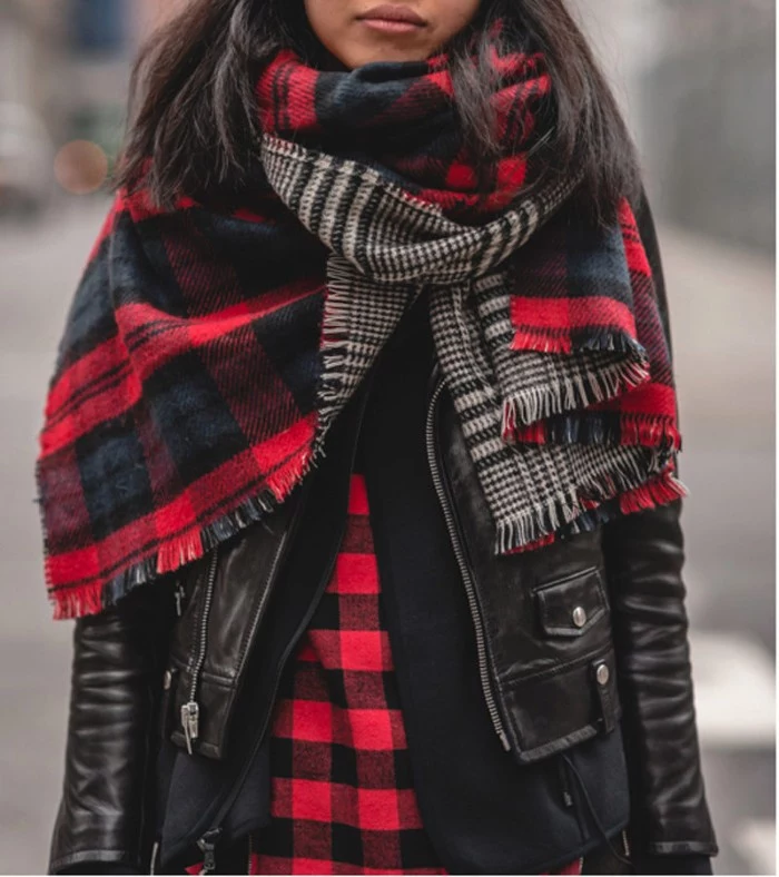 red and black, reversable checkered scarf, worn over a black leather jacket, by a girl in a flannel shirt, ways to wear a blanket scarf when it's cold